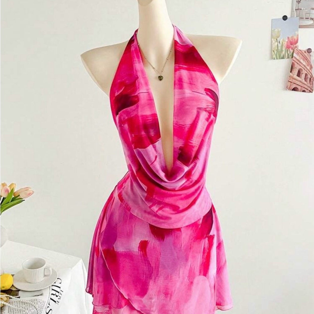 SHEIN Pink Backless Halter Dress
